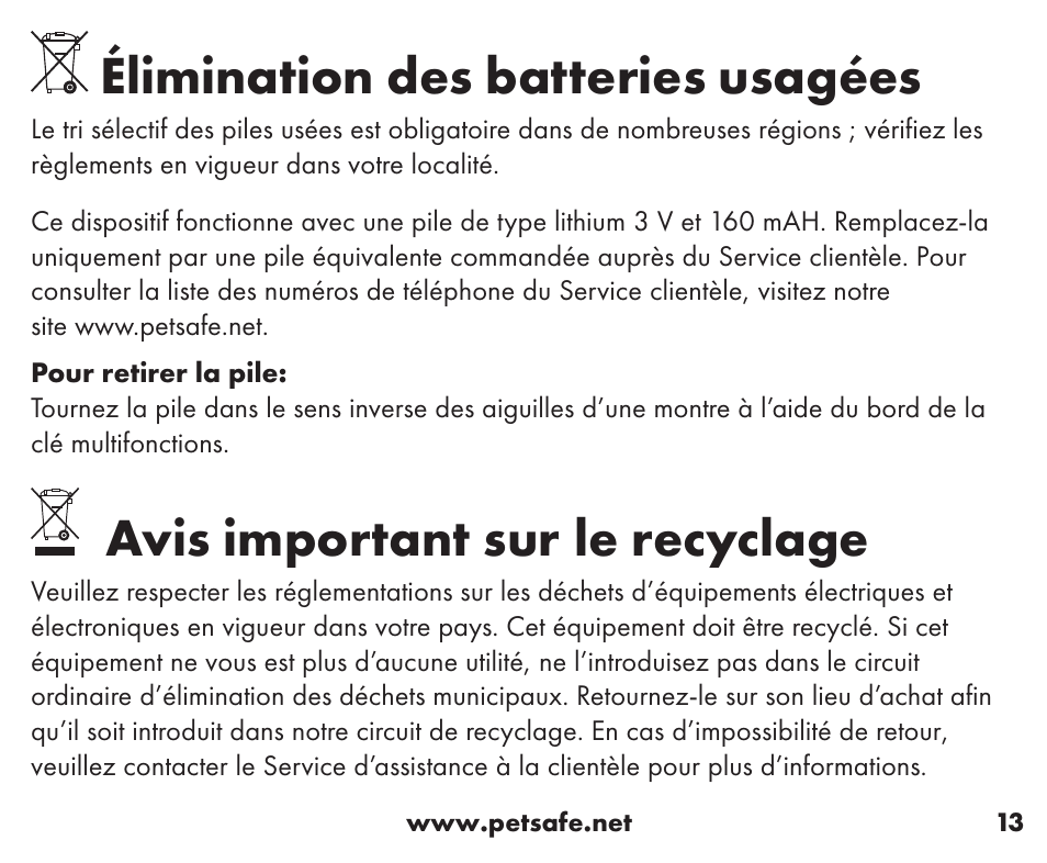Élimination des batteries usagées, Avis important sur le recyclage | Petsafe Little Dog Add-A-Dog® Extra Receiver Collar User Manual | Page 13 / 40