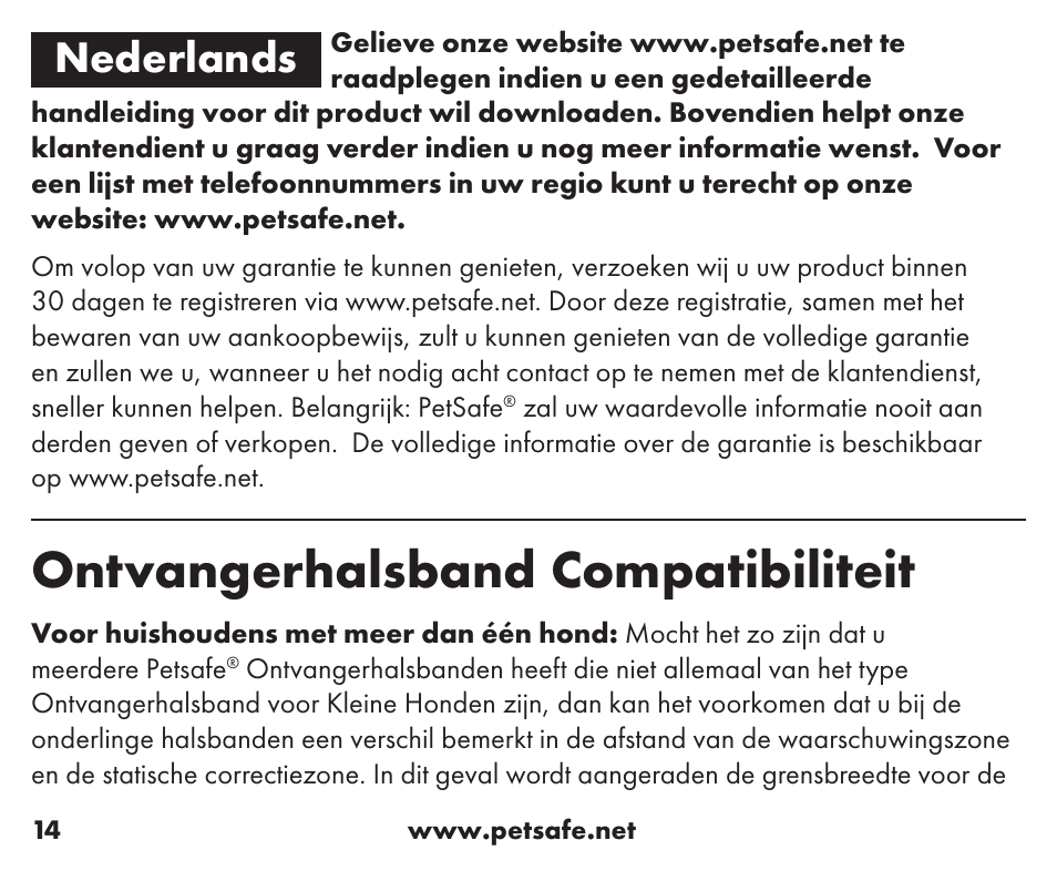 Ontvangerhalsband compatibiliteit, Nederlands | Petsafe Little Dog Add-A-Dog® Extra Receiver Collar User Manual | Page 14 / 40