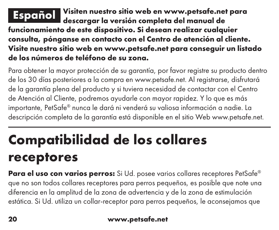 Compatibilidad de los collares receptores, Español | Petsafe Little Dog Add-A-Dog® Extra Receiver Collar User Manual | Page 20 / 40