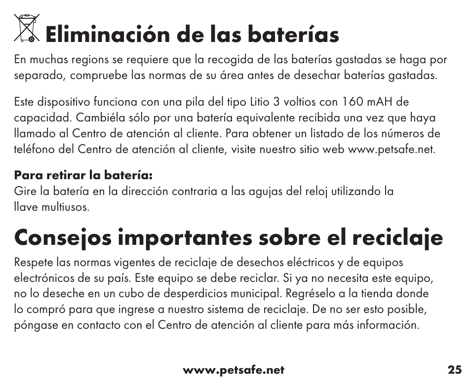 Eliminación de las baterías, Consejos importantes sobre el reciclaje | Petsafe Little Dog Add-A-Dog® Extra Receiver Collar User Manual | Page 25 / 40