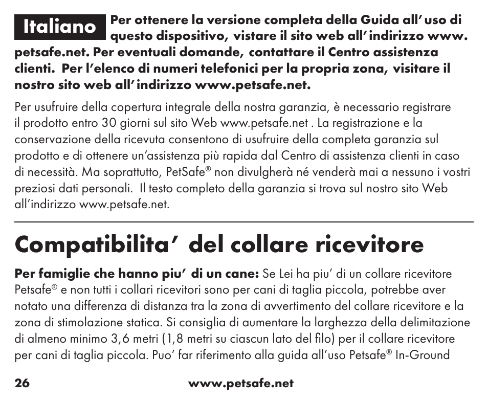 Compatibilita’ del collare ricevitore, Italiano | Petsafe Little Dog Add-A-Dog® Extra Receiver Collar User Manual | Page 26 / 40