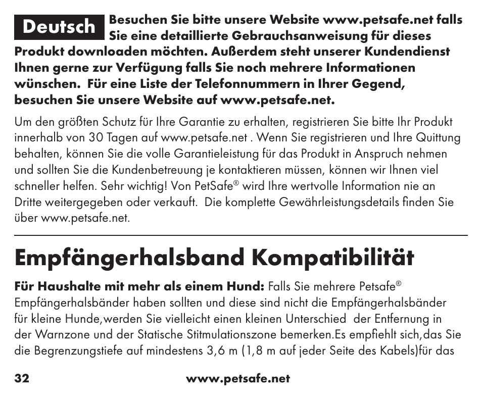 Empfängerhalsband kompatibilität, Deutsch | Petsafe Little Dog Add-A-Dog® Extra Receiver Collar User Manual | Page 32 / 40