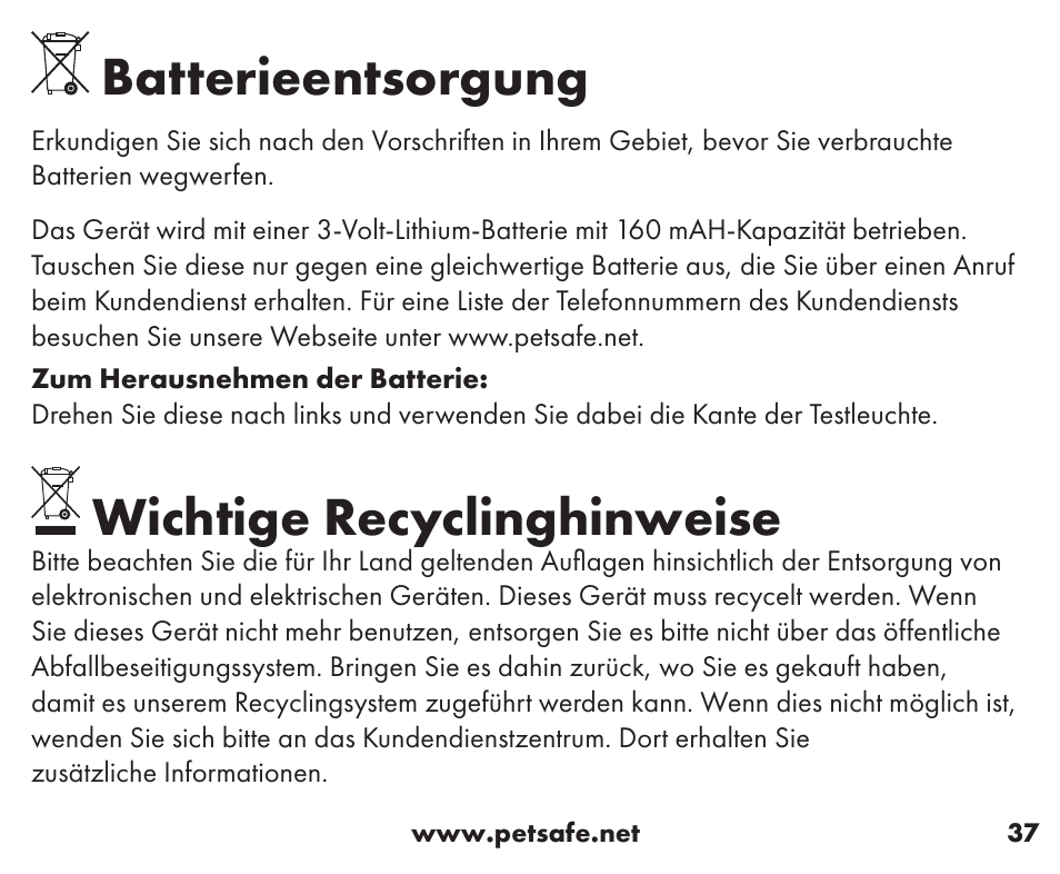 Batterieentsorgung, Wichtige recyclinghinweise | Petsafe Little Dog Add-A-Dog® Extra Receiver Collar User Manual | Page 37 / 40