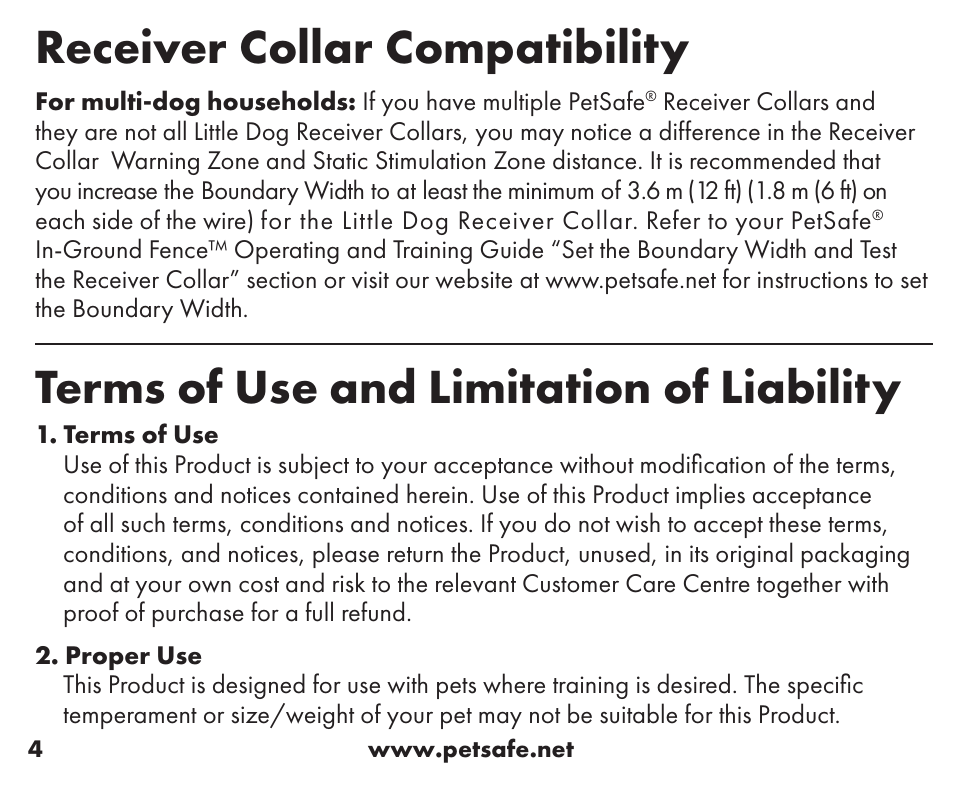 Receiver collar compatibility, Terms of use and limitation of liability | Petsafe Little Dog Add-A-Dog® Extra Receiver Collar User Manual | Page 4 / 40