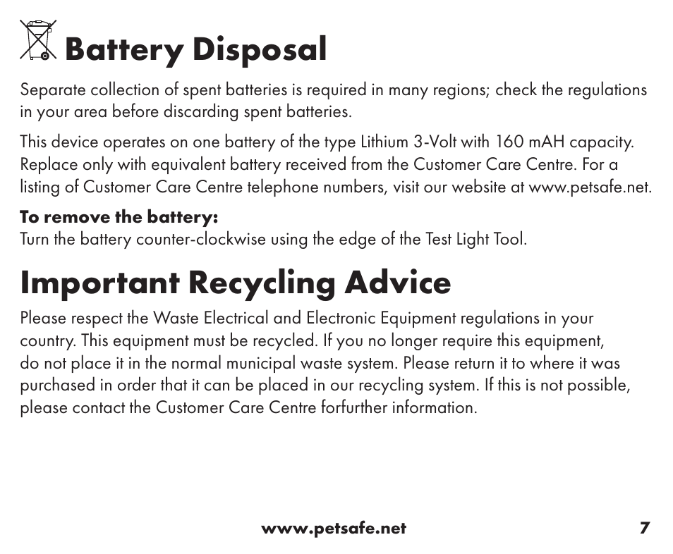 Battery disposal, Important recycling advice | Petsafe Little Dog Add-A-Dog® Extra Receiver Collar User Manual | Page 7 / 40