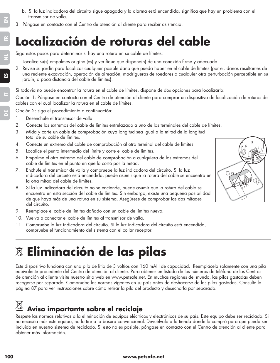 Localización de roturas del cable, Eliminación de las pilas, Aviso importante sobre el reciclaje | Petsafe Little Dog Deluxe In-Ground Fence™ User Manual | Page 100 / 152
