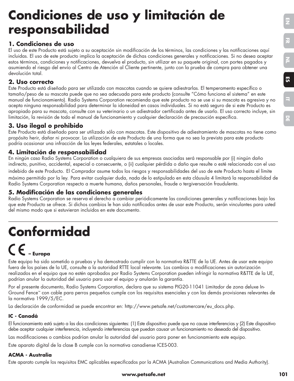 Condiciones de uso y limitación de responsabilidad, Conformidad | Petsafe Little Dog Deluxe In-Ground Fence™ User Manual | Page 101 / 152