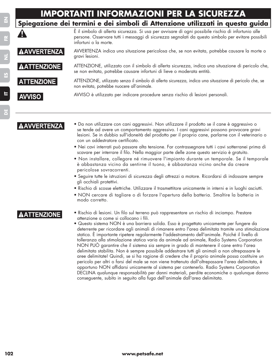Importanti informazioni per la sicurezza | Petsafe Little Dog Deluxe In-Ground Fence™ User Manual | Page 102 / 152