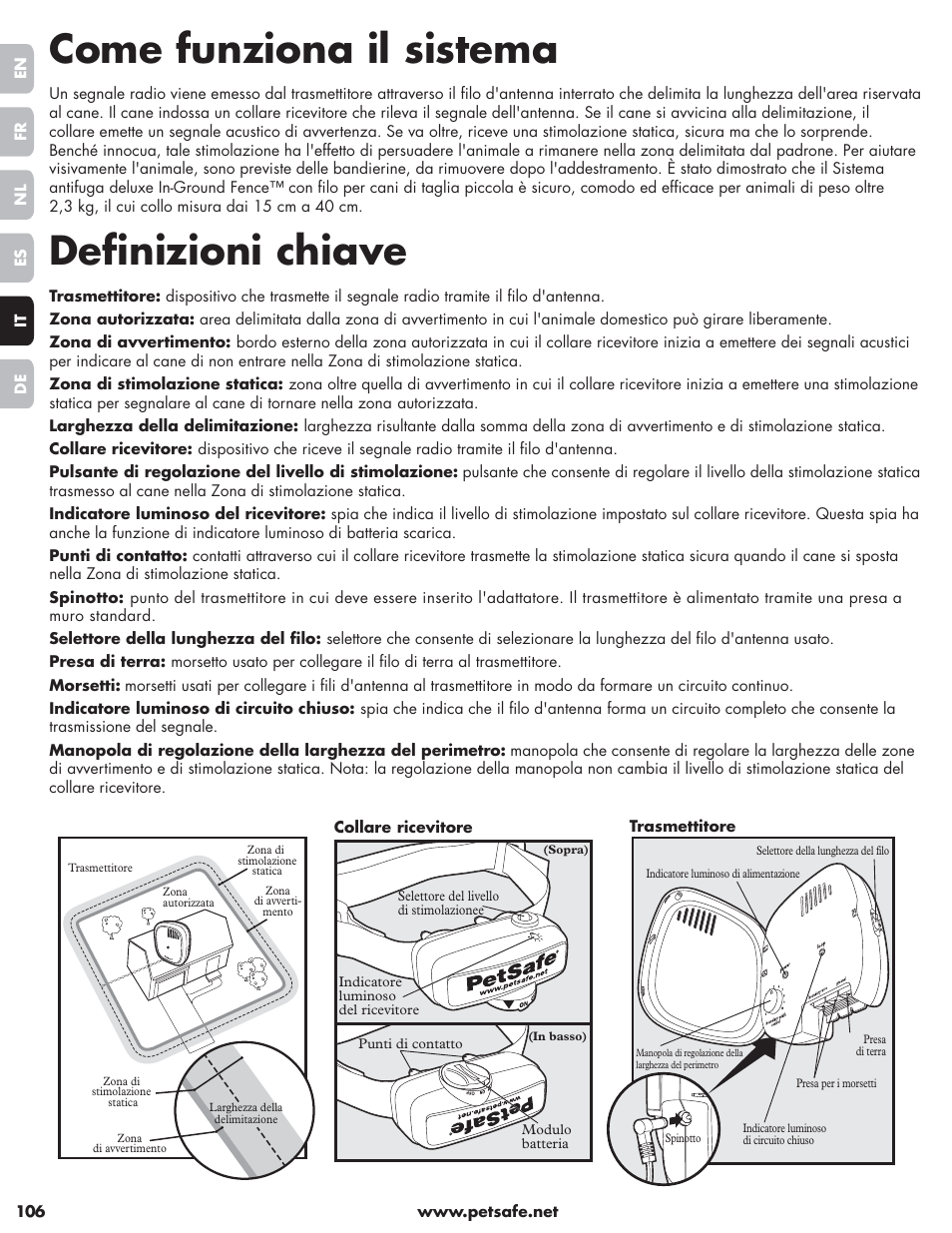 Come funziona il sistema, Definizioni chiave | Petsafe Little Dog Deluxe In-Ground Fence™ User Manual | Page 106 / 152