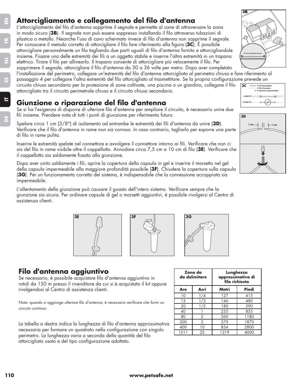 Giunzione o riparazione del fi lo d'antenna, Filo d'antenna aggiuntivo | Petsafe Little Dog Deluxe In-Ground Fence™ User Manual | Page 110 / 152