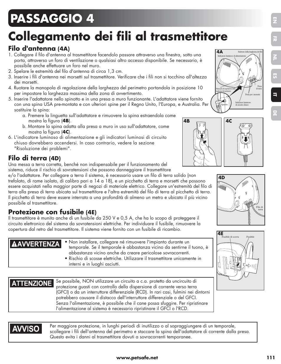 Filo d'antenna, Filo di terra, Protezione con fusibile | Petsafe Little Dog Deluxe In-Ground Fence™ User Manual | Page 111 / 152