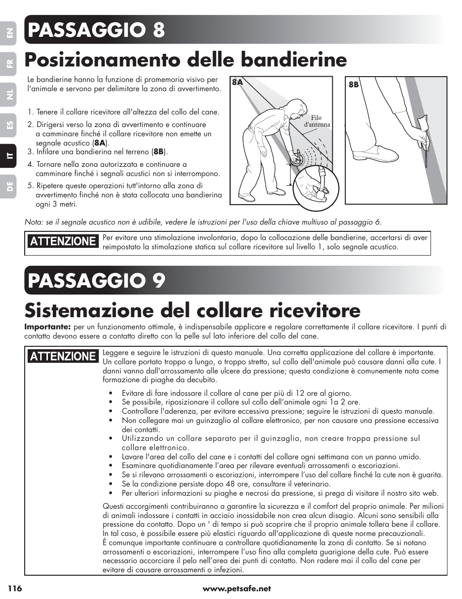 Passaggio 8 posizionamento delle bandierine, Passaggio 9 sistemazione del collare ricevitore | Petsafe Little Dog Deluxe In-Ground Fence™ User Manual | Page 116 / 152