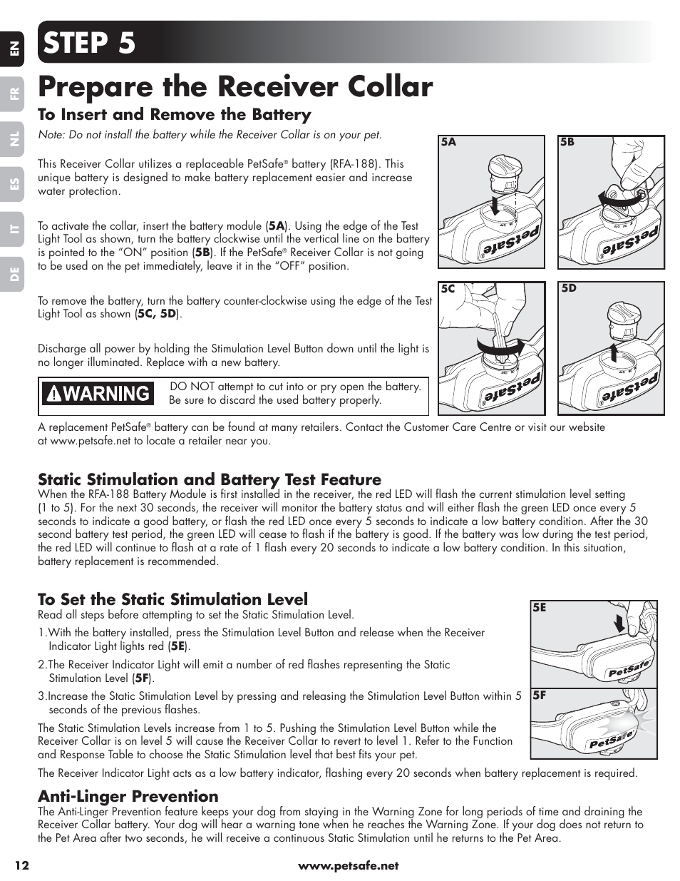 Step 5 prepare the receiver collar, Static stimulation and battery test feature, Anti-linger prevention | Petsafe Little Dog Deluxe In-Ground Fence™ User Manual | Page 12 / 152