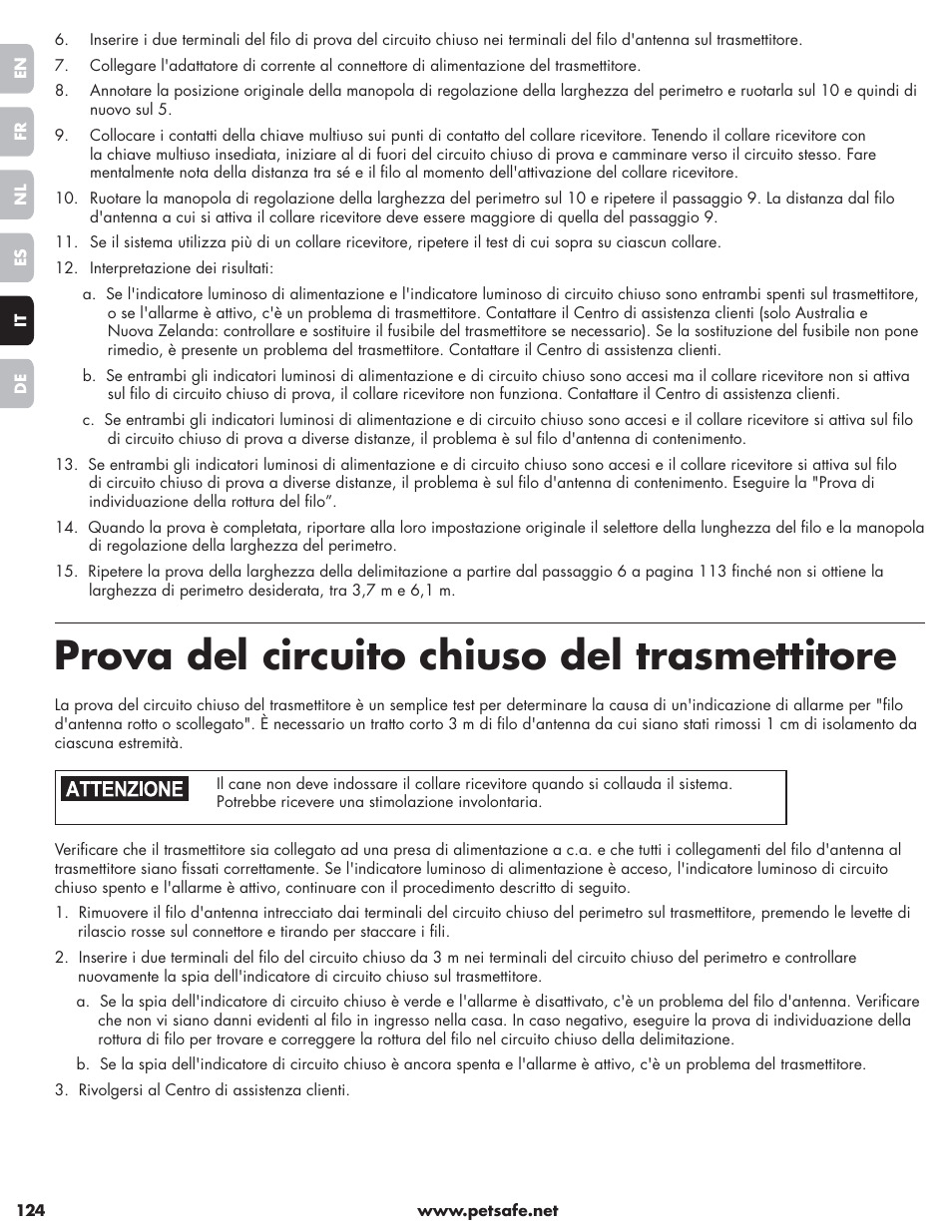 Prova del circuito chiuso del trasmettitore | Petsafe Little Dog Deluxe In-Ground Fence™ User Manual | Page 124 / 152