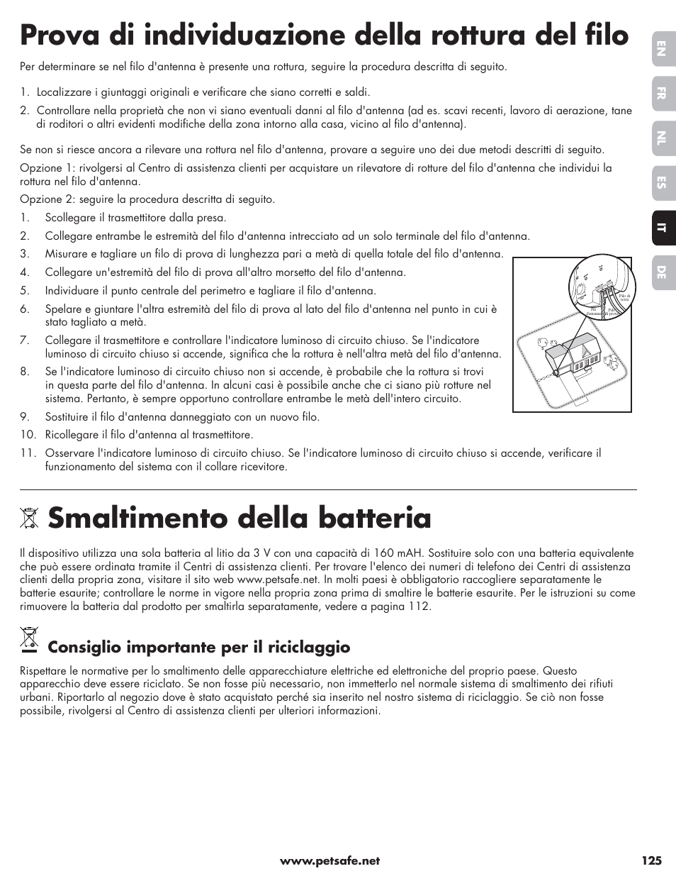 Prova di individuazione della rottura del fi lo, Smaltimento della batteria, Consiglio importante per il riciclaggio | Petsafe Little Dog Deluxe In-Ground Fence™ User Manual | Page 125 / 152