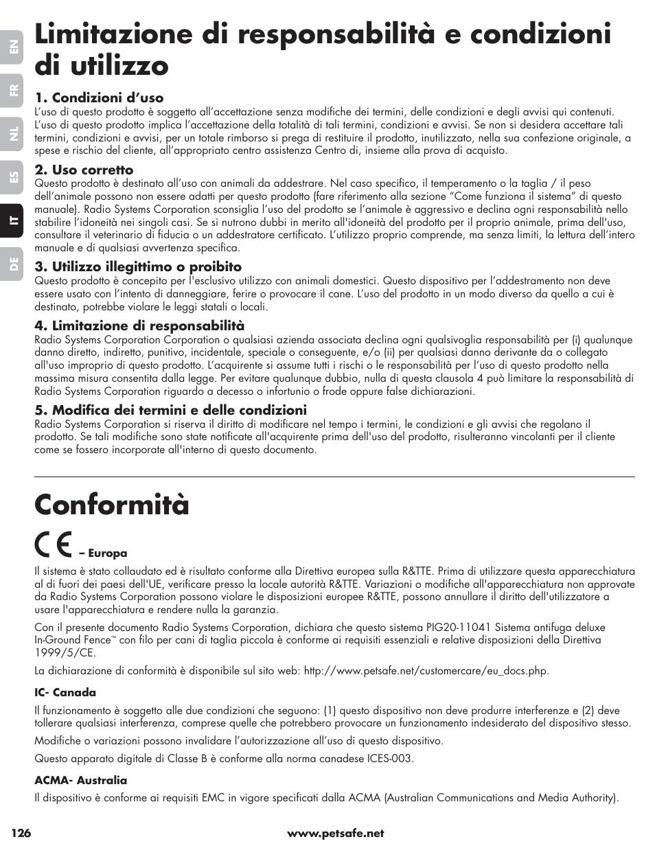 Conformità | Petsafe Little Dog Deluxe In-Ground Fence™ User Manual | Page 126 / 152