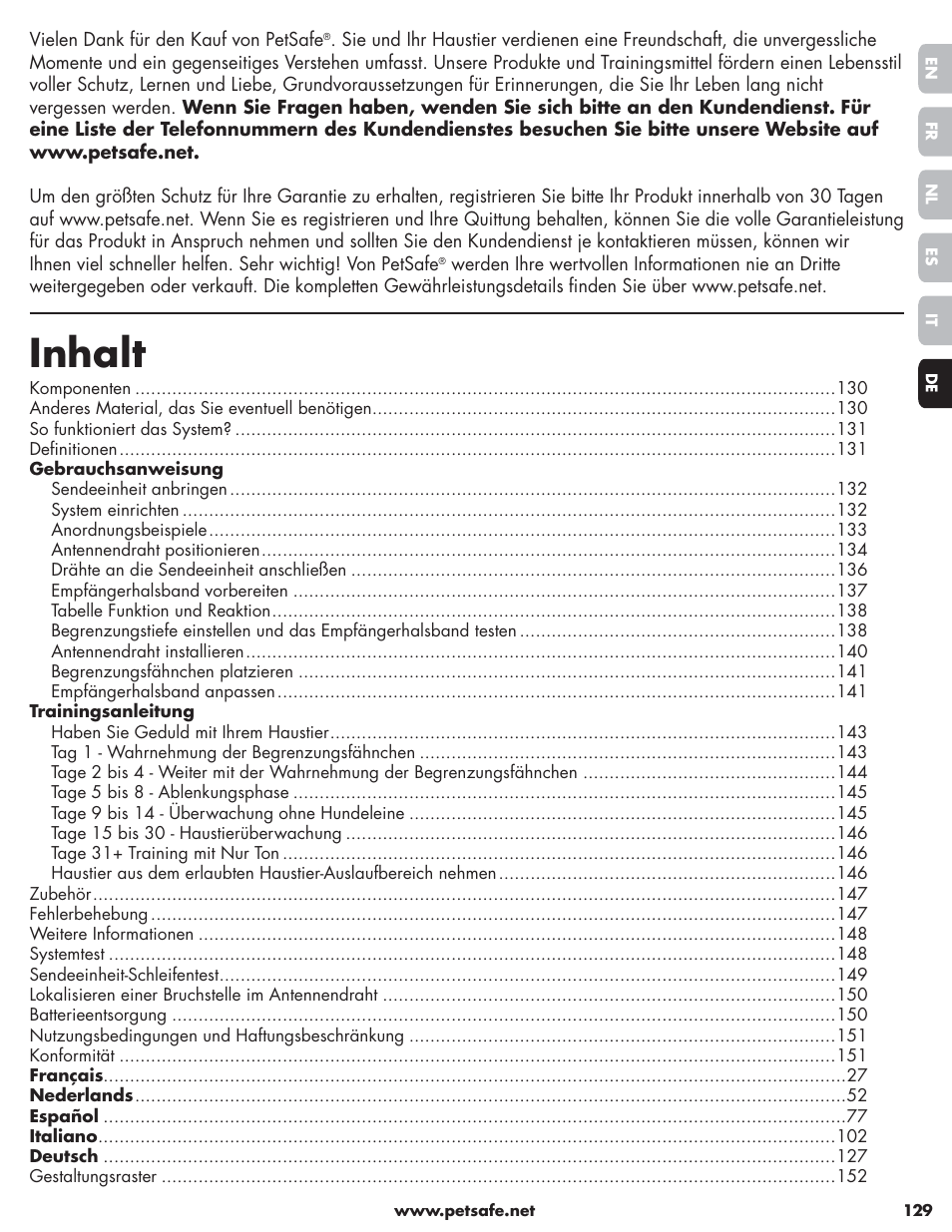 Inhalt | Petsafe Little Dog Deluxe In-Ground Fence™ User Manual | Page 129 / 152