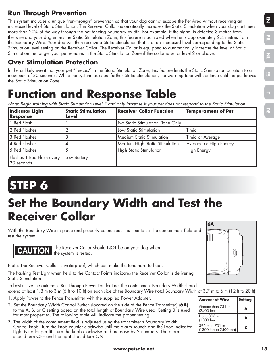 Function and response table, Run through prevention, Over stimulation protection | Petsafe Little Dog Deluxe In-Ground Fence™ User Manual | Page 13 / 152