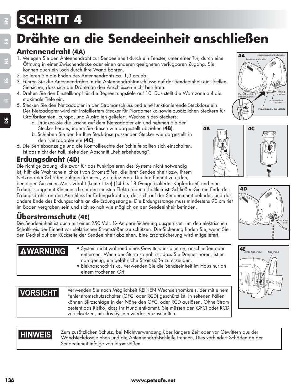 Schritt 4 drähte an die sendeeinheit anschließen, Antennendraht, Erdungsdraht | Überstromschutz | Petsafe Little Dog Deluxe In-Ground Fence™ User Manual | Page 136 / 152