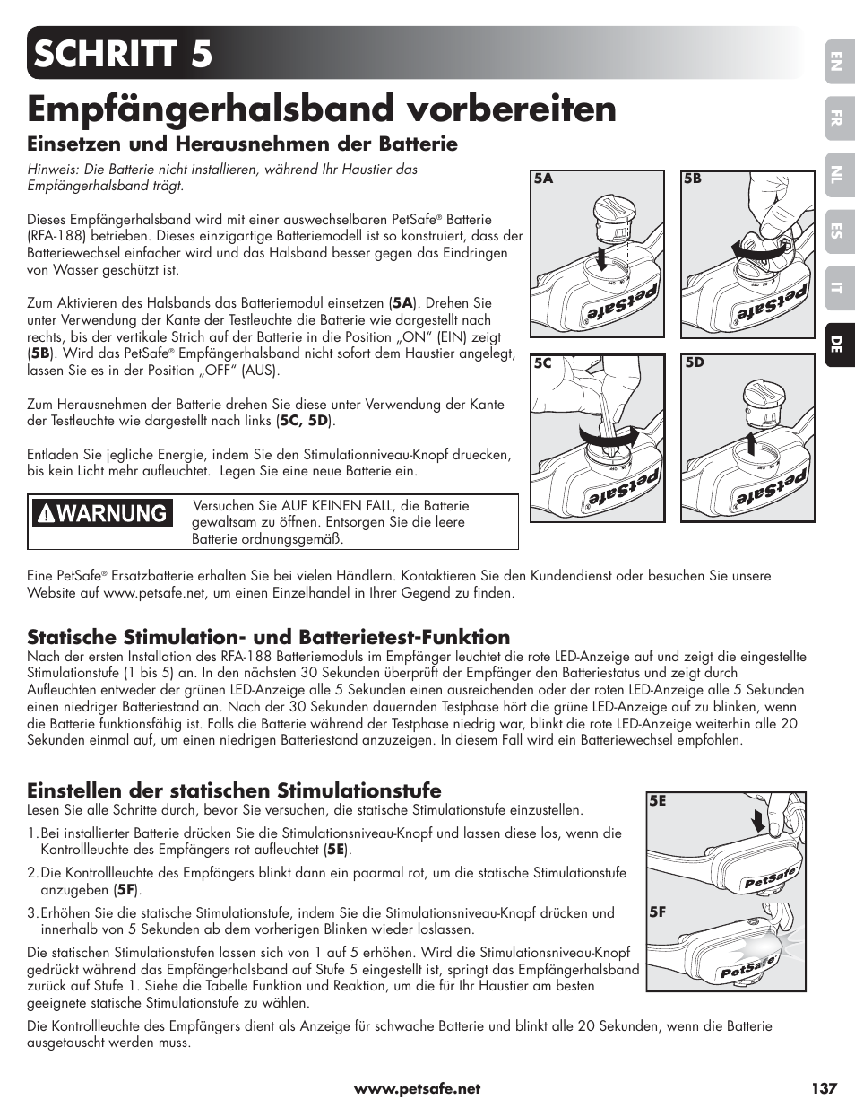 Schritt 5 empfängerhalsband vorbereiten, Einsetzen und herausnehmen der batterie, Statische stimulation- und batterietest-funktion | Einstellen der statischen stimulationstufe | Petsafe Little Dog Deluxe In-Ground Fence™ User Manual | Page 137 / 152