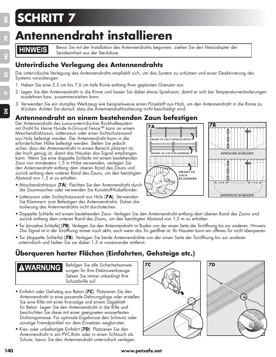 Schritt 7 antennendraht installieren, Unterirdische verlegung des antennendrahts, Antennendraht an einem bestehenden zaun befestigen | Petsafe Little Dog Deluxe In-Ground Fence™ User Manual | Page 140 / 152