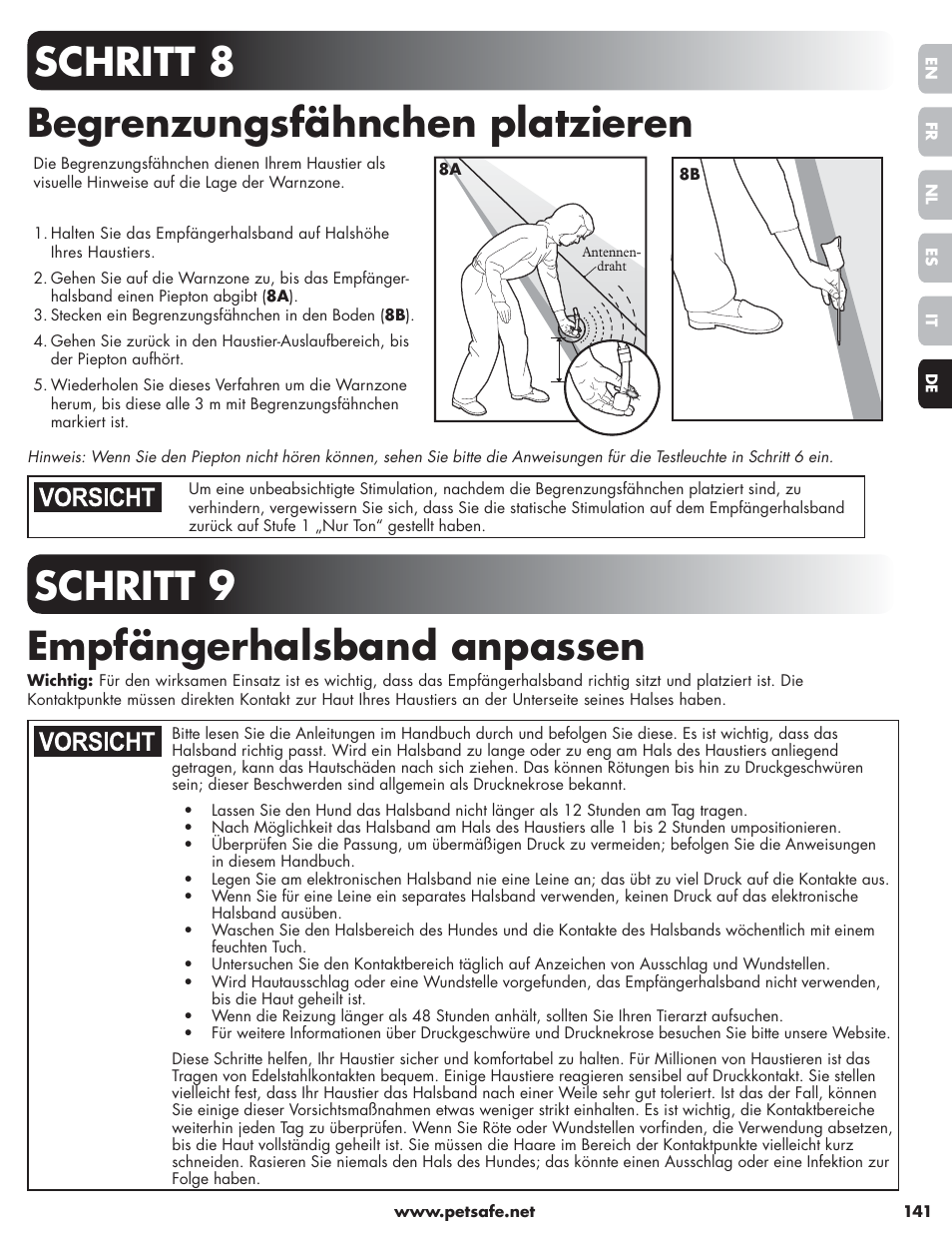 Schritt 8 begrenzungsfähnchen platzieren, Schritt 9 empfängerhalsband anpassen | Petsafe Little Dog Deluxe In-Ground Fence™ User Manual | Page 141 / 152