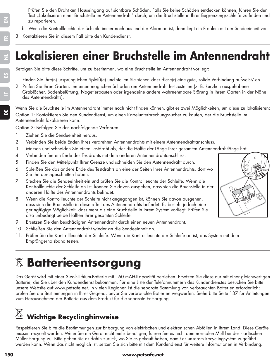 Lokalisieren einer bruchstelle im antennendraht, Batterieentsorgung, Wichtige recyclinghinweise | Petsafe Little Dog Deluxe In-Ground Fence™ User Manual | Page 150 / 152