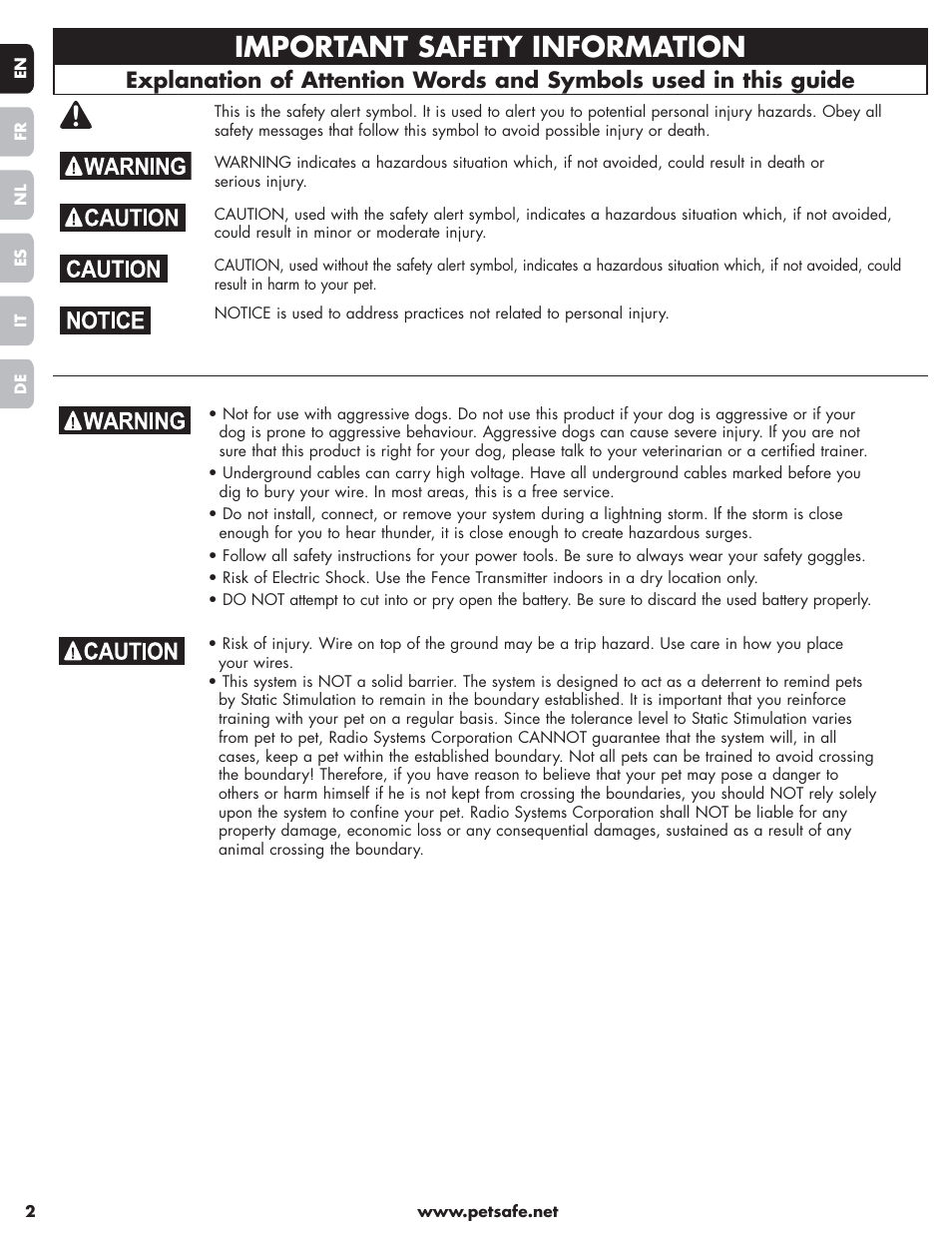 Important safety information | Petsafe Little Dog Deluxe In-Ground Fence™ User Manual | Page 2 / 152