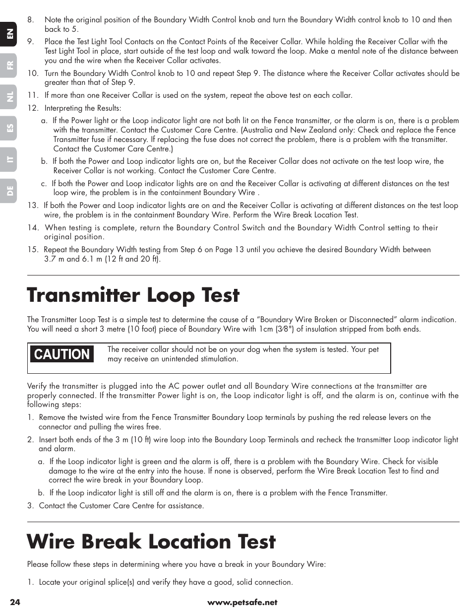 Transmitter loop test, Wire break location test | Petsafe Little Dog Deluxe In-Ground Fence™ User Manual | Page 24 / 152