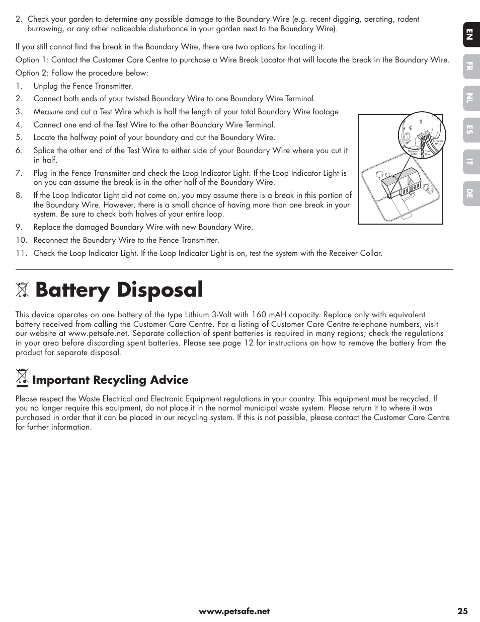 Battery disposal, Important recycling advice | Petsafe Little Dog Deluxe In-Ground Fence™ User Manual | Page 25 / 152