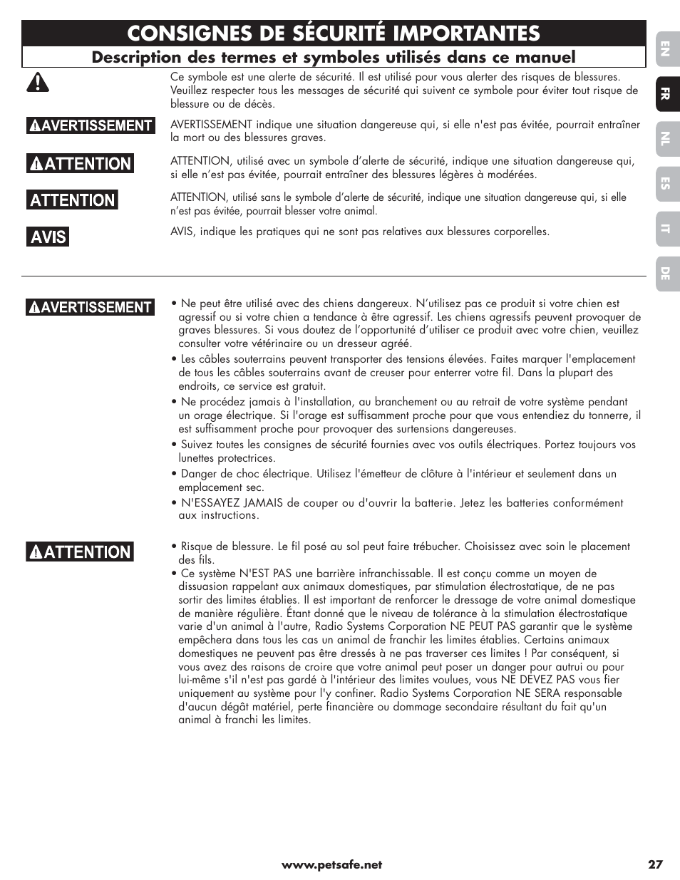 Consignes de sécurité importantes | Petsafe Little Dog Deluxe In-Ground Fence™ User Manual | Page 27 / 152
