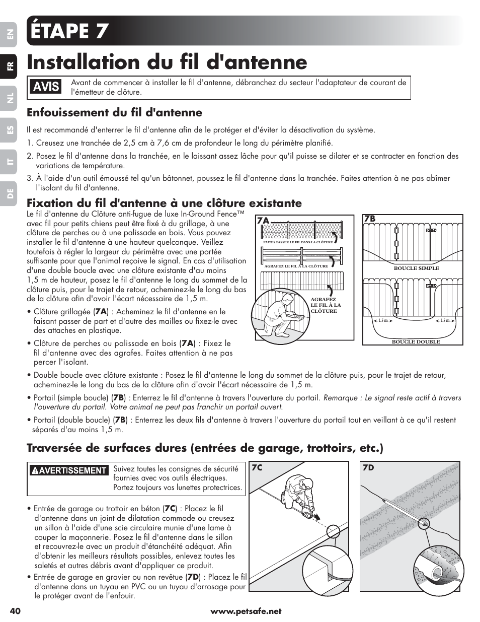 Étape 7 installation du fi l d'antenne, Enfouissement du fi l d'antenne, Fixation du fi l d'antenne à une clôture existante | Petsafe Little Dog Deluxe In-Ground Fence™ User Manual | Page 40 / 152