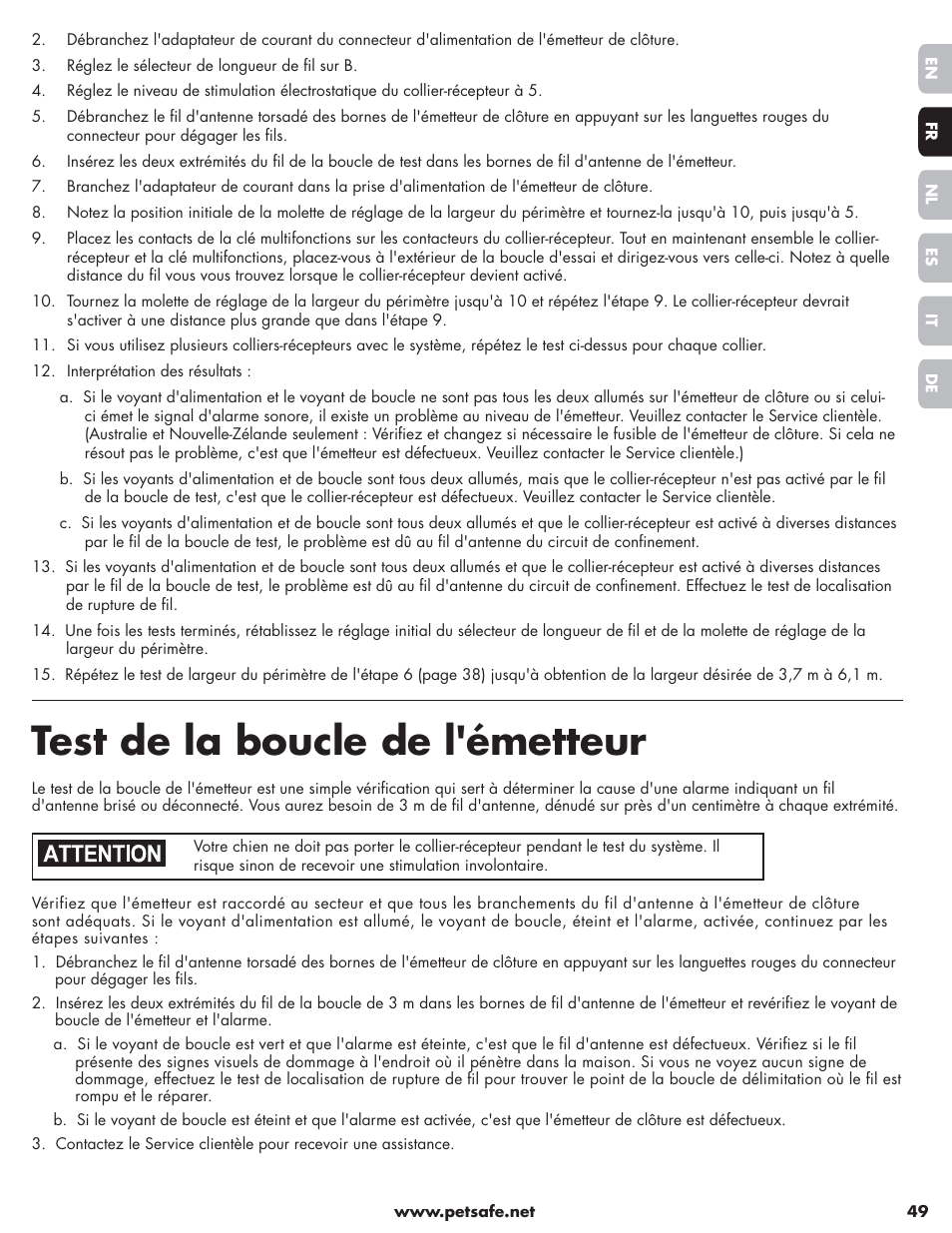 Test de la boucle de l'émetteur | Petsafe Little Dog Deluxe In-Ground Fence™ User Manual | Page 49 / 152