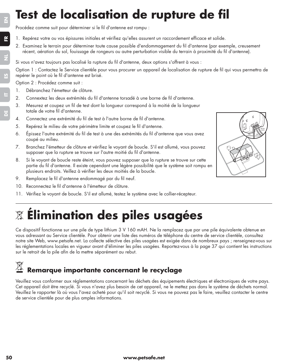 Test de localisation de rupture de fi l, Élimination des piles usagées, Remarque importante concernant le recyclage | Petsafe Little Dog Deluxe In-Ground Fence™ User Manual | Page 50 / 152