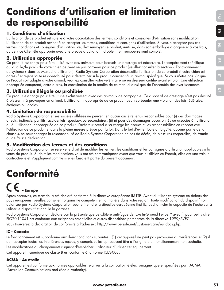 Conformité | Petsafe Little Dog Deluxe In-Ground Fence™ User Manual | Page 51 / 152