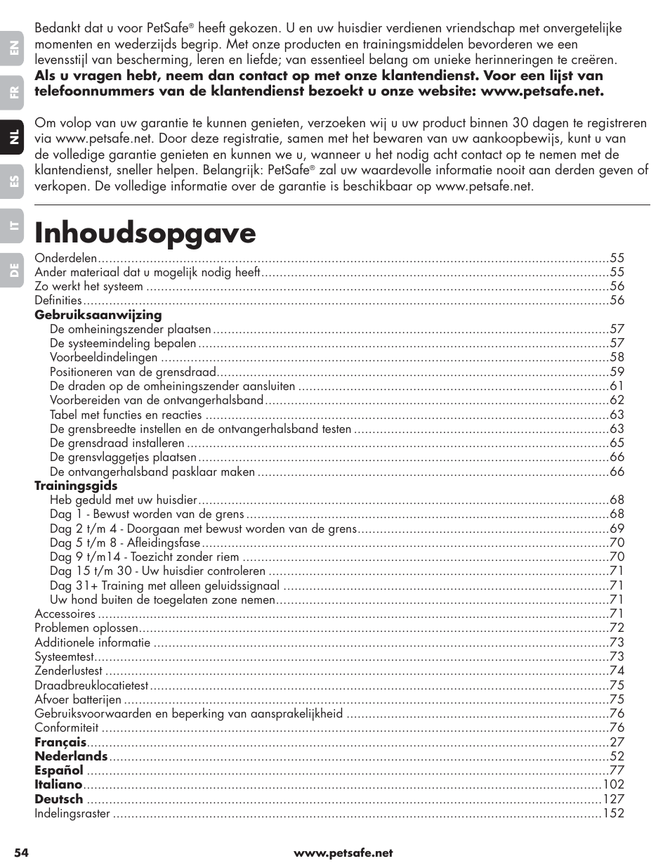Inhoudsopgave | Petsafe Little Dog Deluxe In-Ground Fence™ User Manual | Page 54 / 152