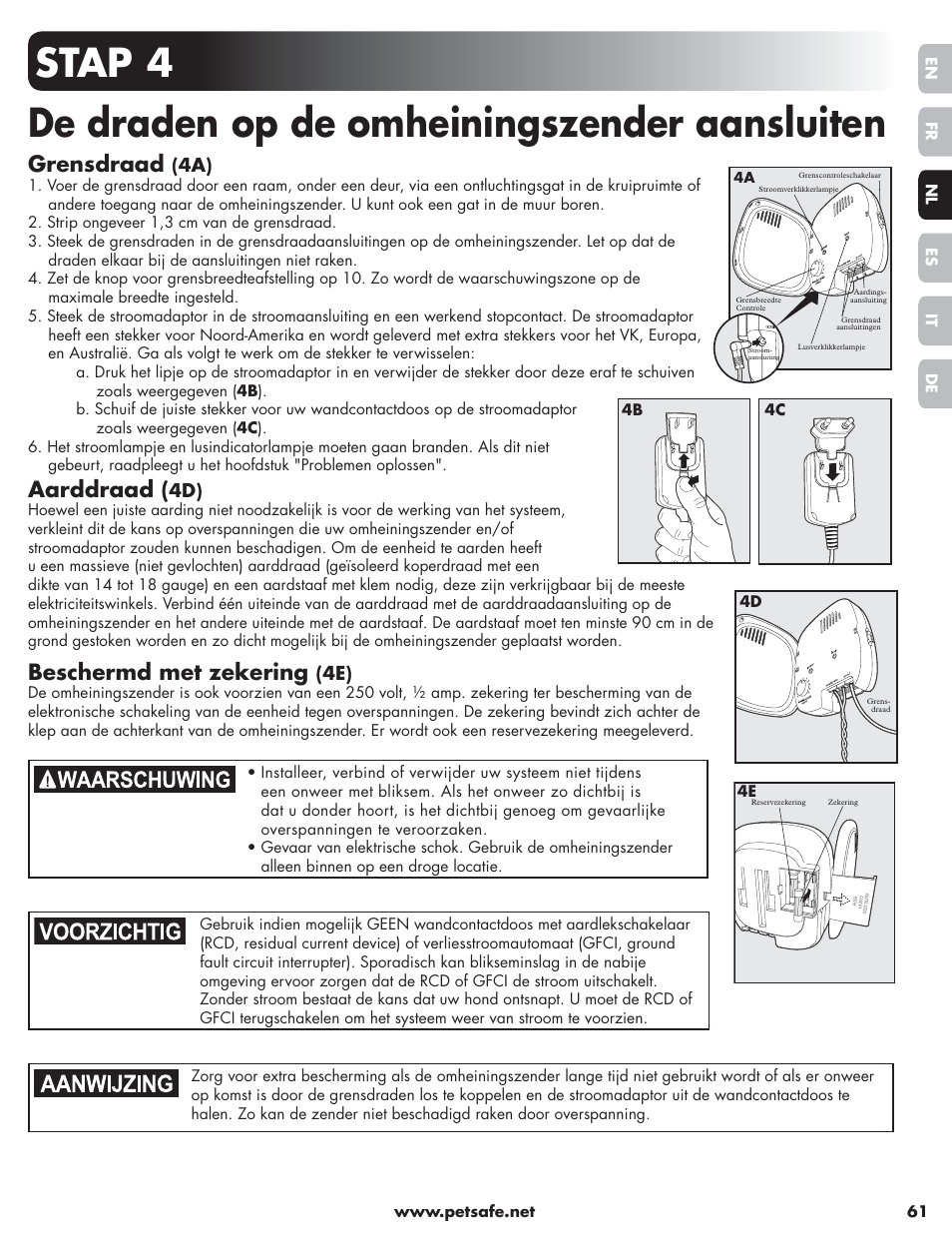 Stap 4 de draden op de omheiningszender aansluiten, Grensdraad, Aarddraad | Beschermd met zekering | Petsafe Little Dog Deluxe In-Ground Fence™ User Manual | Page 61 / 152