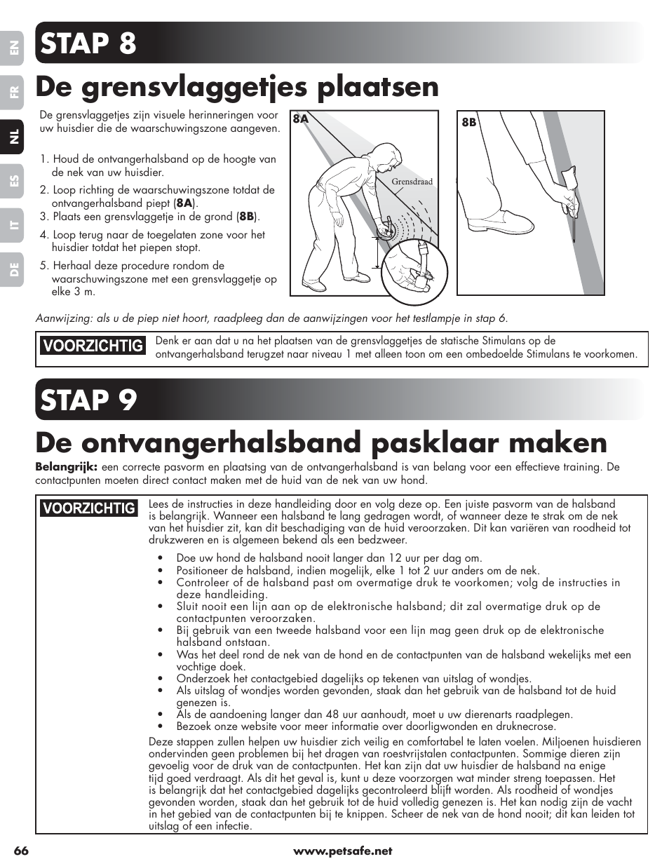 Stap 8 de grensvlaggetjes plaatsen, Stap 9 de ontvangerhalsband pasklaar maken | Petsafe Little Dog Deluxe In-Ground Fence™ User Manual | Page 66 / 152