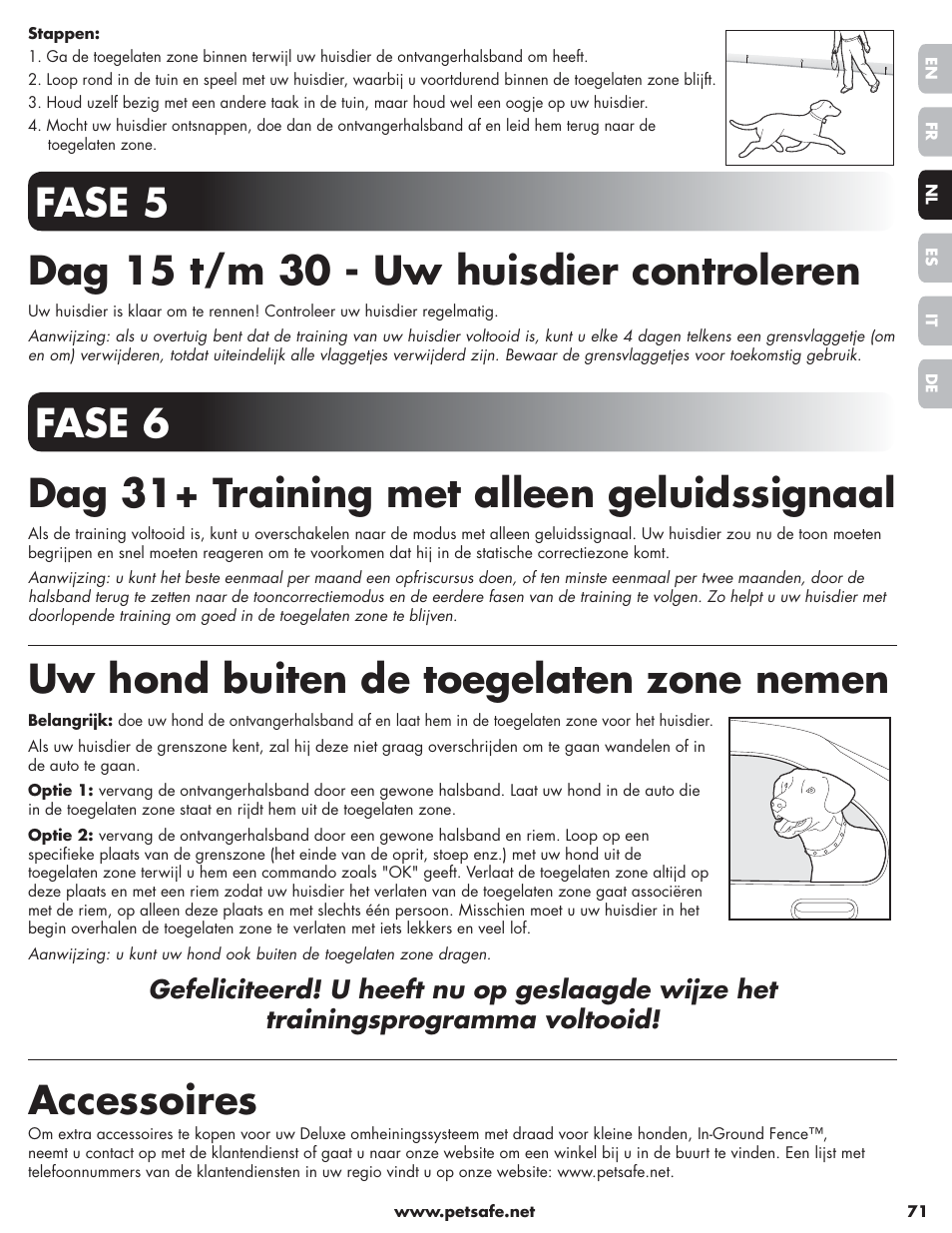 Fase 6 dag 31+ training met alleen geluidssignaal, Uw hond buiten de toegelaten zone nemen, Accessoires | Petsafe Little Dog Deluxe In-Ground Fence™ User Manual | Page 71 / 152