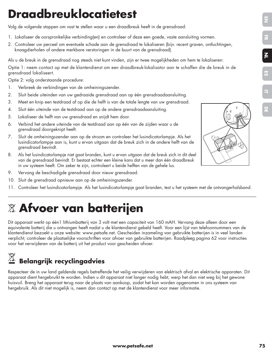 Draadbreuklocatietest, Afvoer van batterijen, Belangrijk recyclingadvies | Petsafe Little Dog Deluxe In-Ground Fence™ User Manual | Page 75 / 152