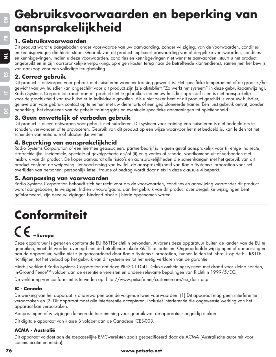 Conformiteit | Petsafe Little Dog Deluxe In-Ground Fence™ User Manual | Page 76 / 152