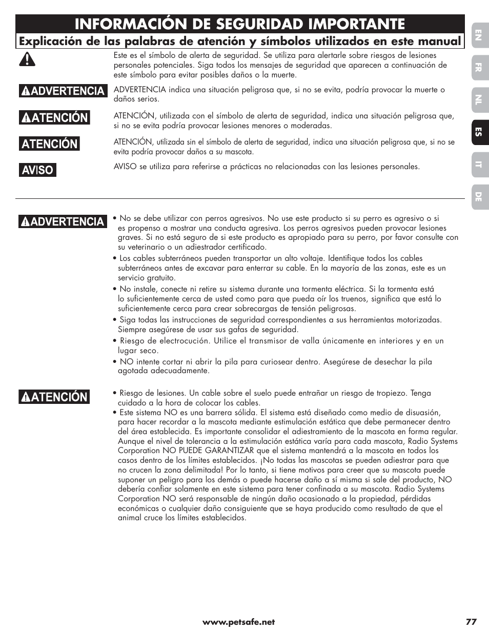 Información de seguridad importante | Petsafe Little Dog Deluxe In-Ground Fence™ User Manual | Page 77 / 152