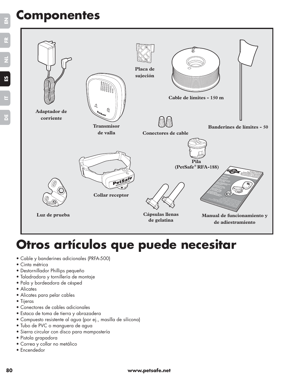 Componentes otros artículos que puede necesitar | Petsafe Little Dog Deluxe In-Ground Fence™ User Manual | Page 80 / 152