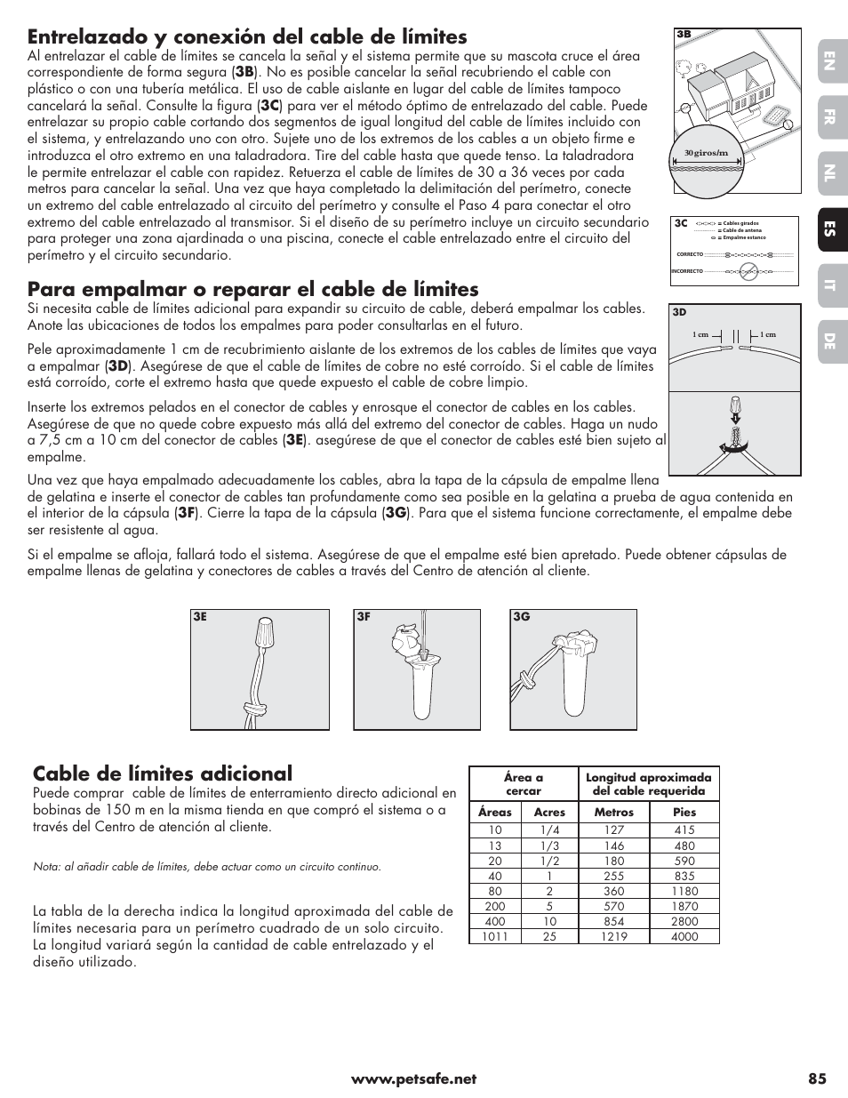 Entrelazado y conexión del cable de límites, Para empalmar o reparar el cable de límites, Cable de límites adicional | Petsafe Little Dog Deluxe In-Ground Fence™ User Manual | Page 85 / 152