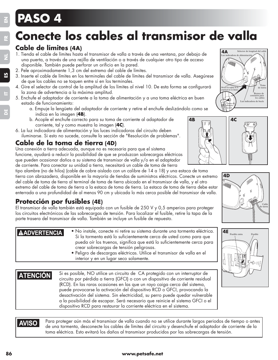 Paso 4 conecte los cables al transmisor de valla, Cable de límites, Cable de la toma de tierra | Protección por fusibles | Petsafe Little Dog Deluxe In-Ground Fence™ User Manual | Page 86 / 152