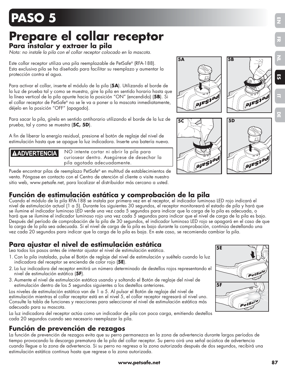 Paso 5 prepare el collar receptor, Para instalar y extraer la pila, Para ajustar el nivel de estimulación estática | Función de prevención de rezagos | Petsafe Little Dog Deluxe In-Ground Fence™ User Manual | Page 87 / 152