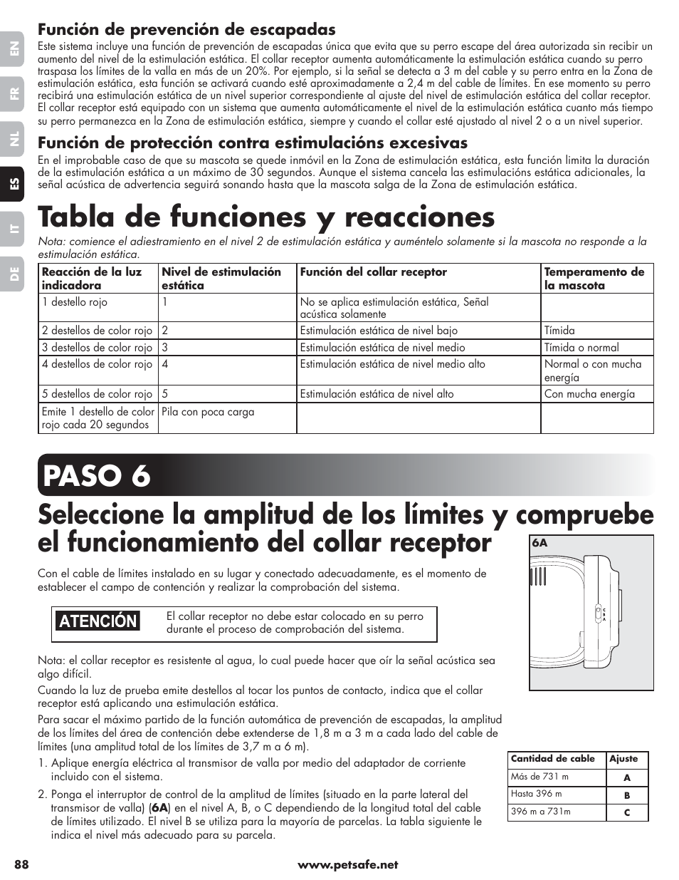 Tabla de funciones y reacciones, Paso 6, Función de prevención de escapadas | Petsafe Little Dog Deluxe In-Ground Fence™ User Manual | Page 88 / 152
