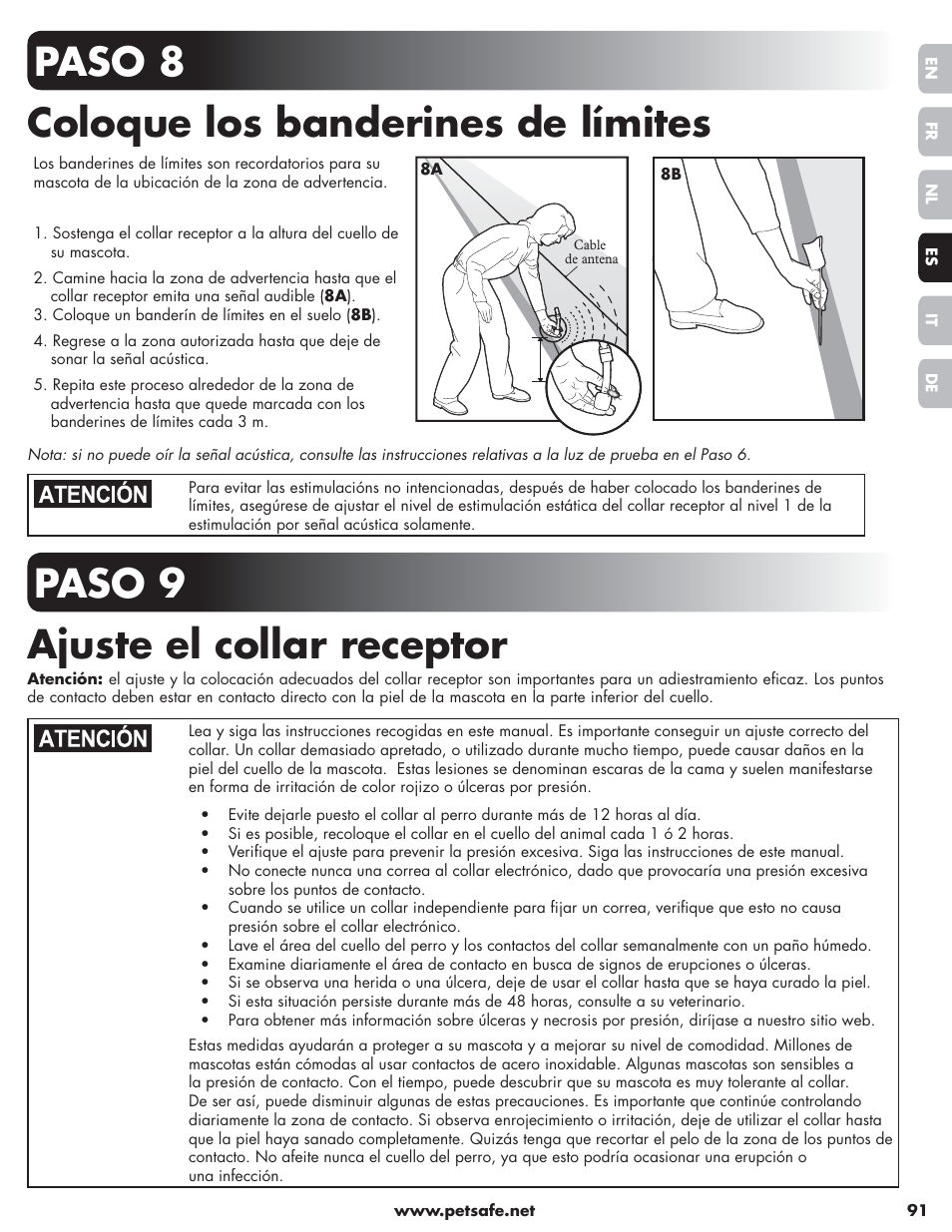 Paso 8 coloque los banderines de límites, Paso 9 ajuste el collar receptor | Petsafe Little Dog Deluxe In-Ground Fence™ User Manual | Page 91 / 152