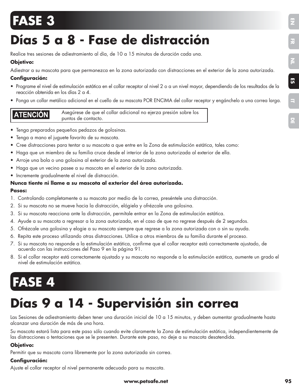 Fase 3 días 5 a 8 - fase de distracción, Fase 4 días 9 a 14 - supervisión sin correa | Petsafe Little Dog Deluxe In-Ground Fence™ User Manual | Page 95 / 152