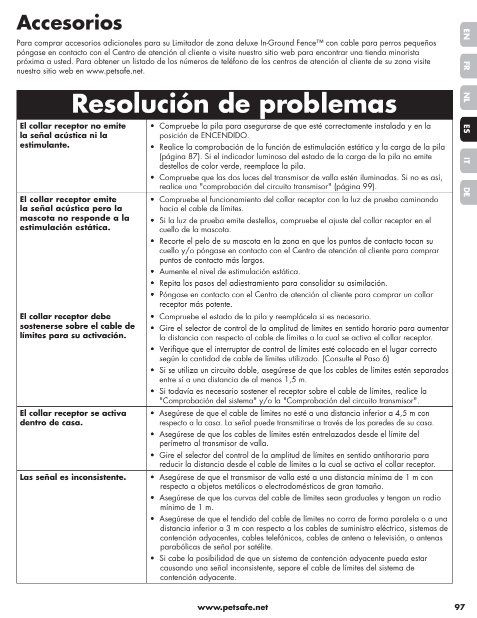 Resolución de problemas, Accesorios | Petsafe Little Dog Deluxe In-Ground Fence™ User Manual | Page 97 / 152